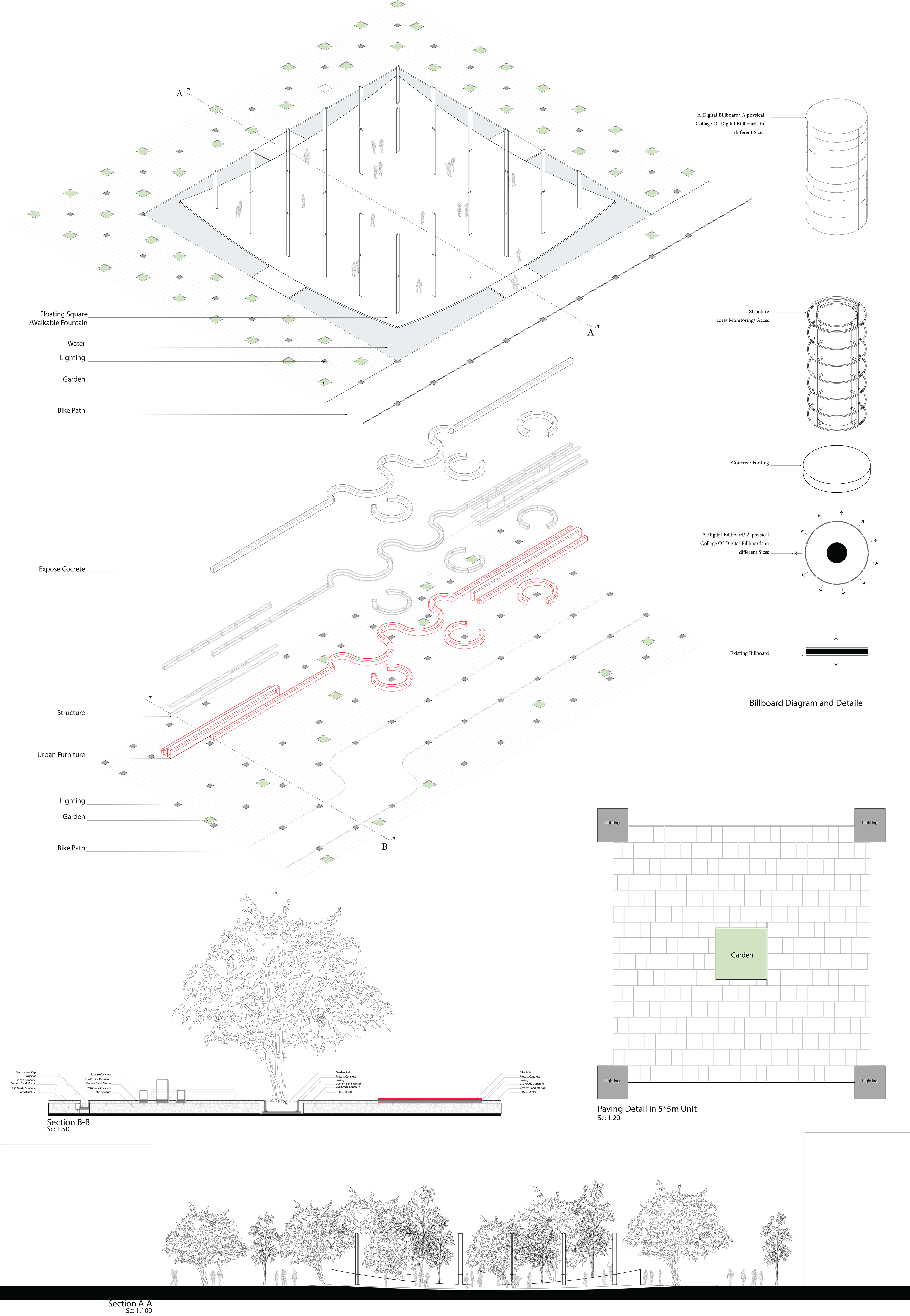 Detail sheet — lighting, benches, and digital billboard
