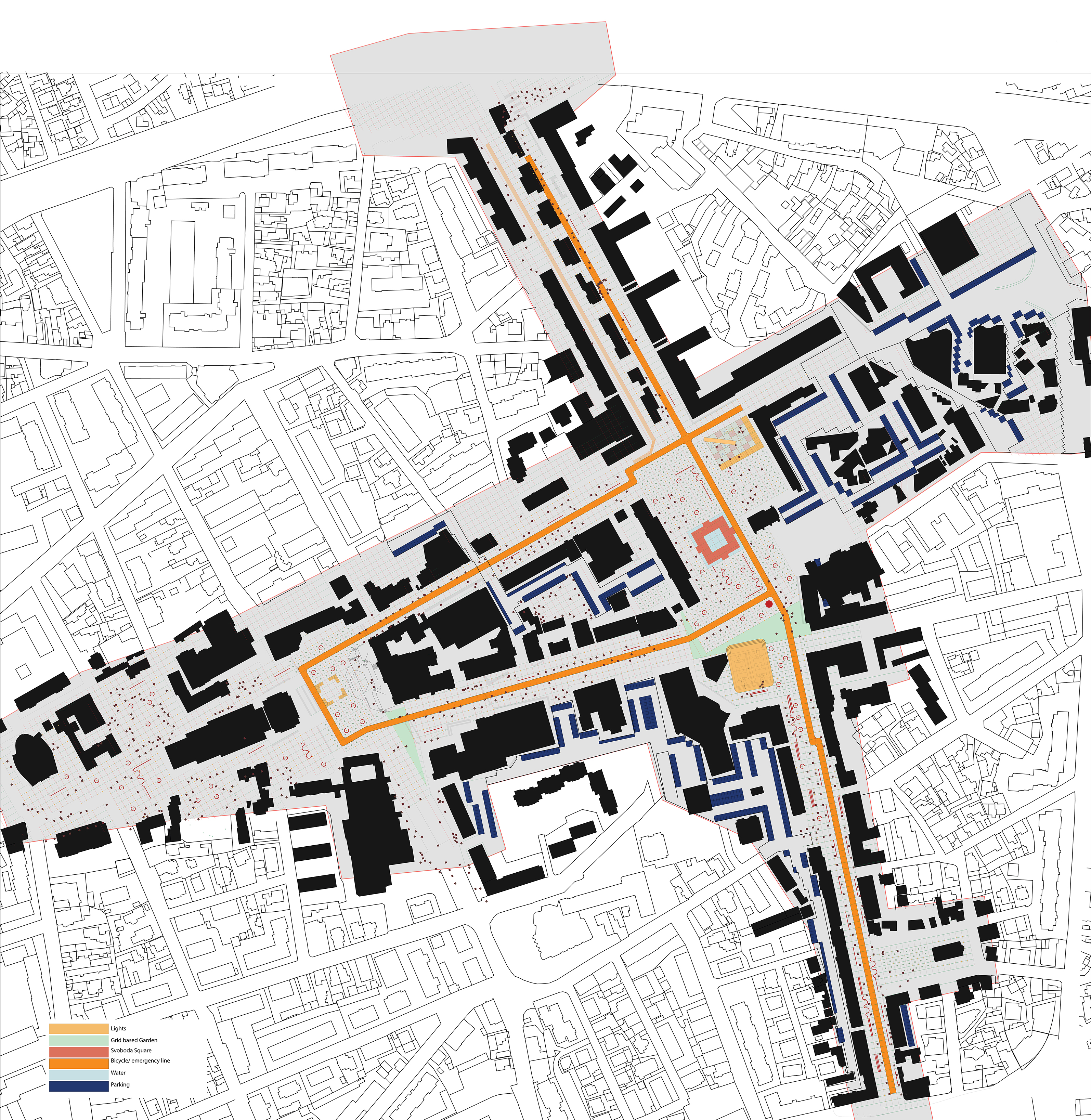 Dobrich masterplan — the organizing 5x5 grid