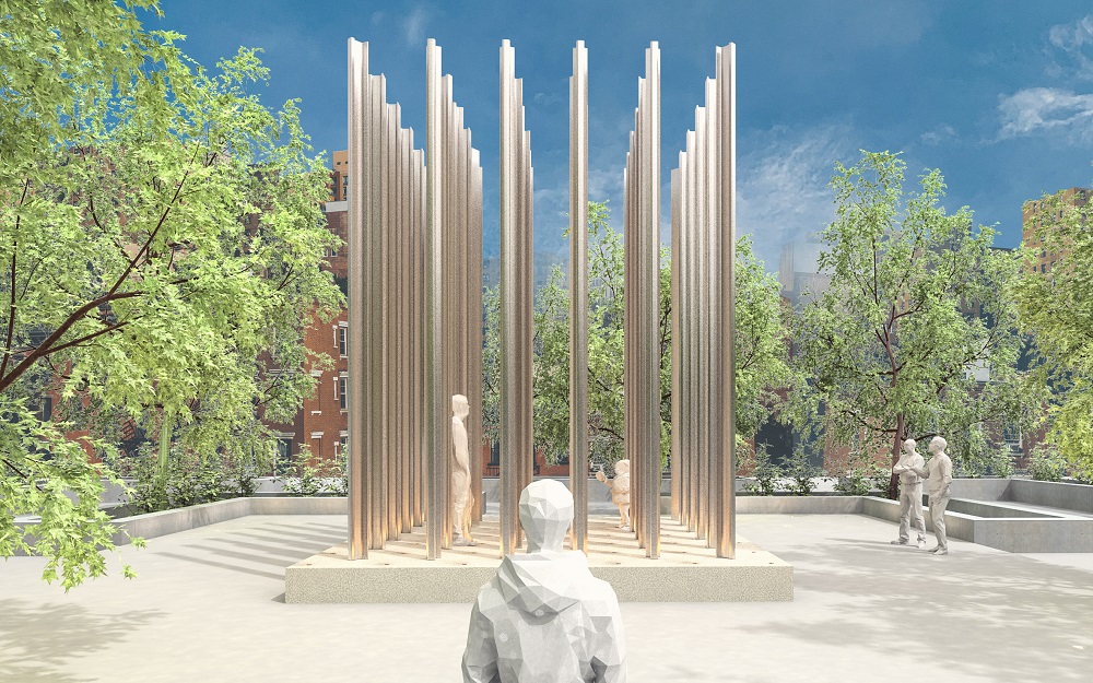 Top view of the memorial – vertical rails arranged on a concrete platform